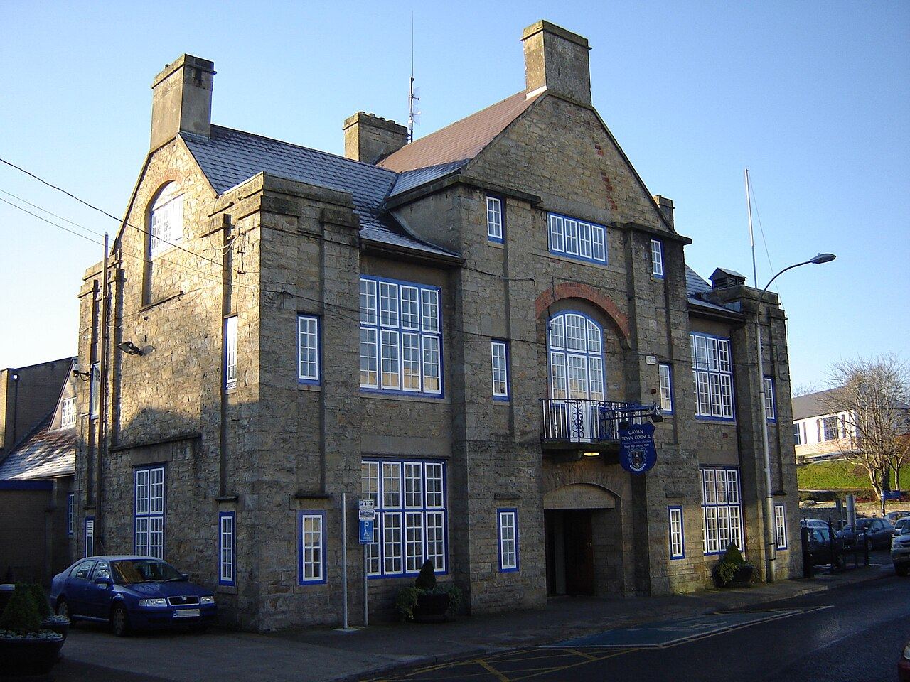 The stone Town Hall on Townhall Street, Cavan, home of the Townhall Arts Centre, with cars parked outside