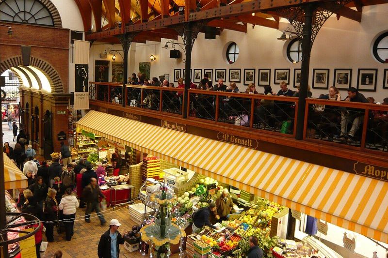 Stalls and shoppers in the English Market, seen from the balcony