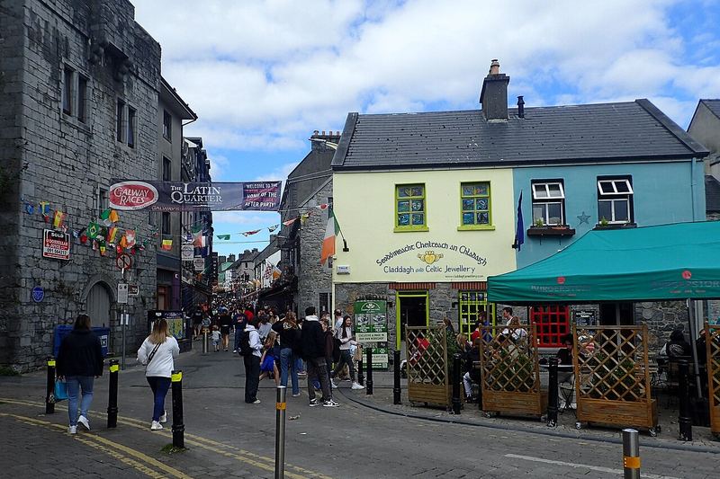 Street corner at the edge of Galway's Latin Quarter with painted shopfronts