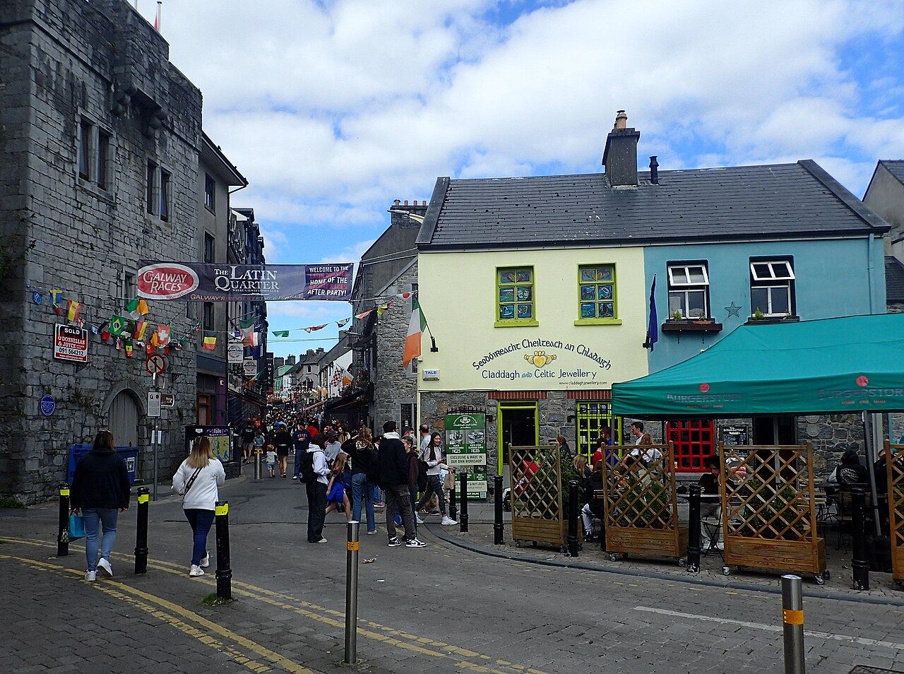 Street corner at the edge of Galway's Latin Quarter with painted shopfronts