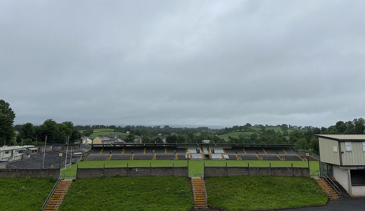 The empty terraces and stand at St Tiernach's Park in Clones on an overcast day