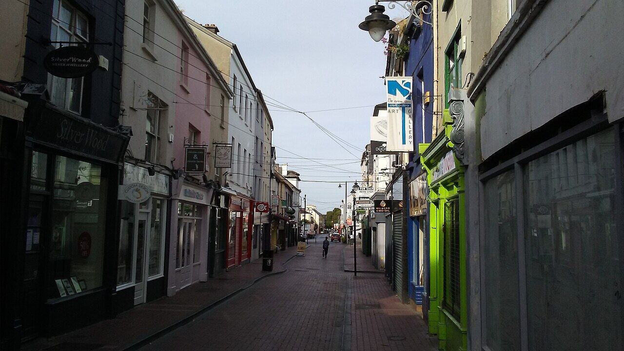 A quiet shopping street in Clonmel on a grey day